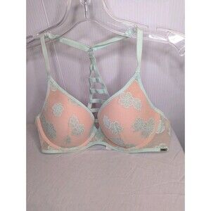 Victorias Secret 36B Pushup Bra Pink Hibiscus Lace Cage Back Green Lingerie Gift